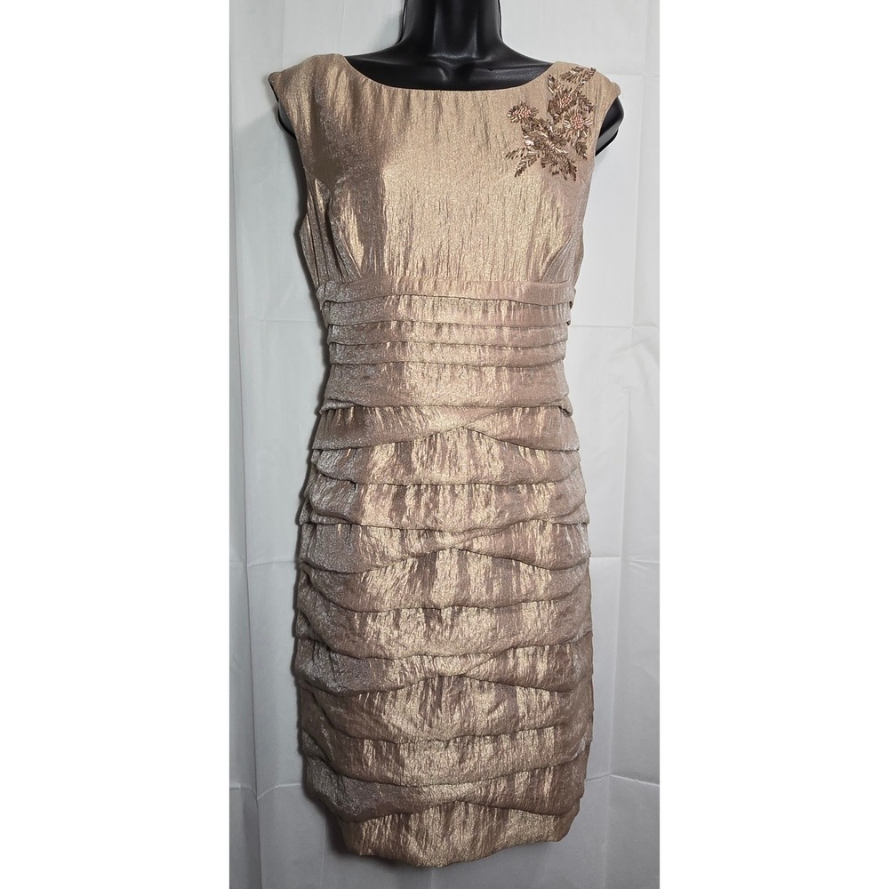 Adrianna Papell Petite Cocktail Dress Metallic Gold Beaded Size 10P